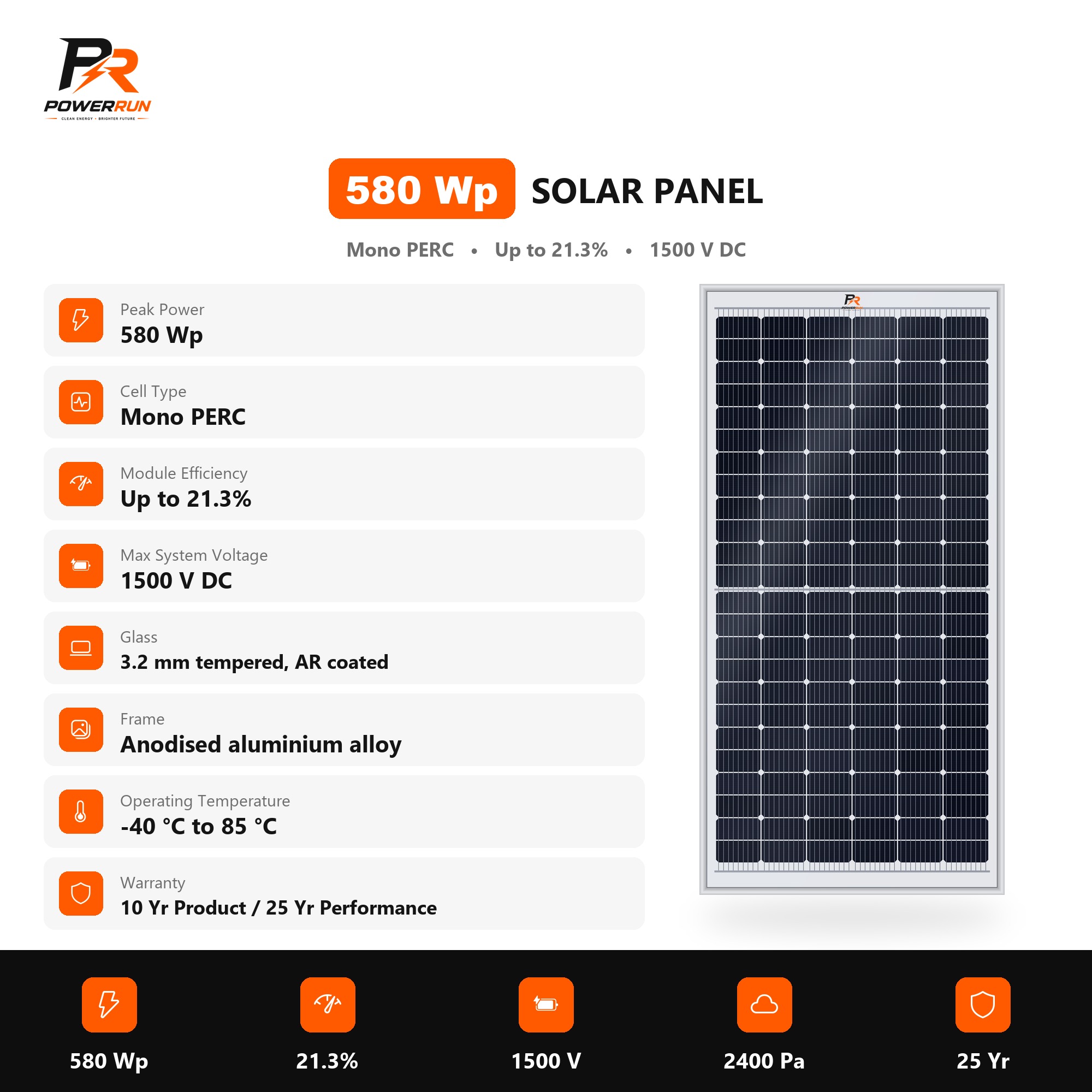 PR Solar Panel 580W - specifications chart