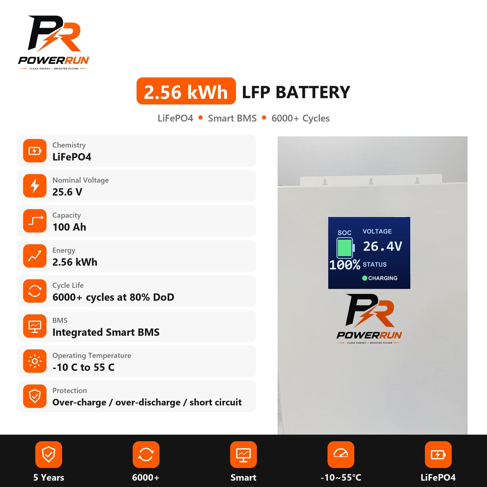 PR LFP Battery 25.6V 100Ah - specifications chart
