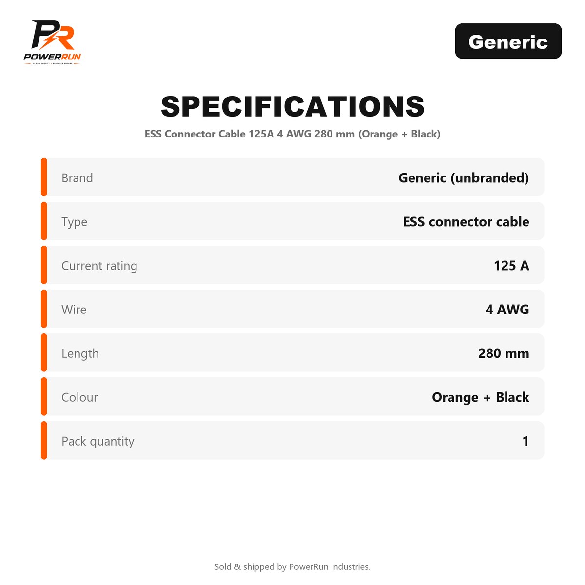 ESS Connector Cable 125A 4 AWG 280 mm (Orange + Black) (Connectors & Terminals) - view 2 of 2